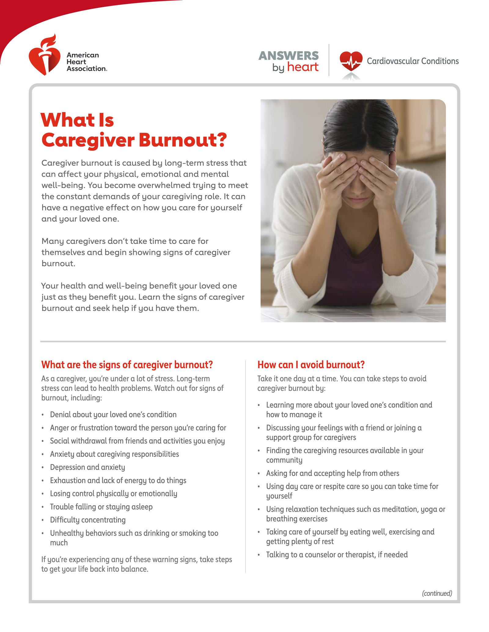 Page one of an American Heart Association fact sheet titled What Is Caregiver Burnout?